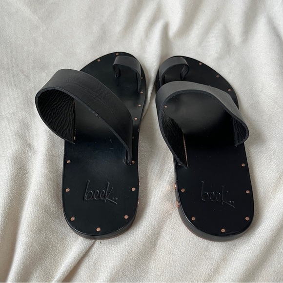 Beek Finch Handmade Leather Slide Sandals Black Ring Tan Women’s Size 5 NWOT - Picture 7 of 8